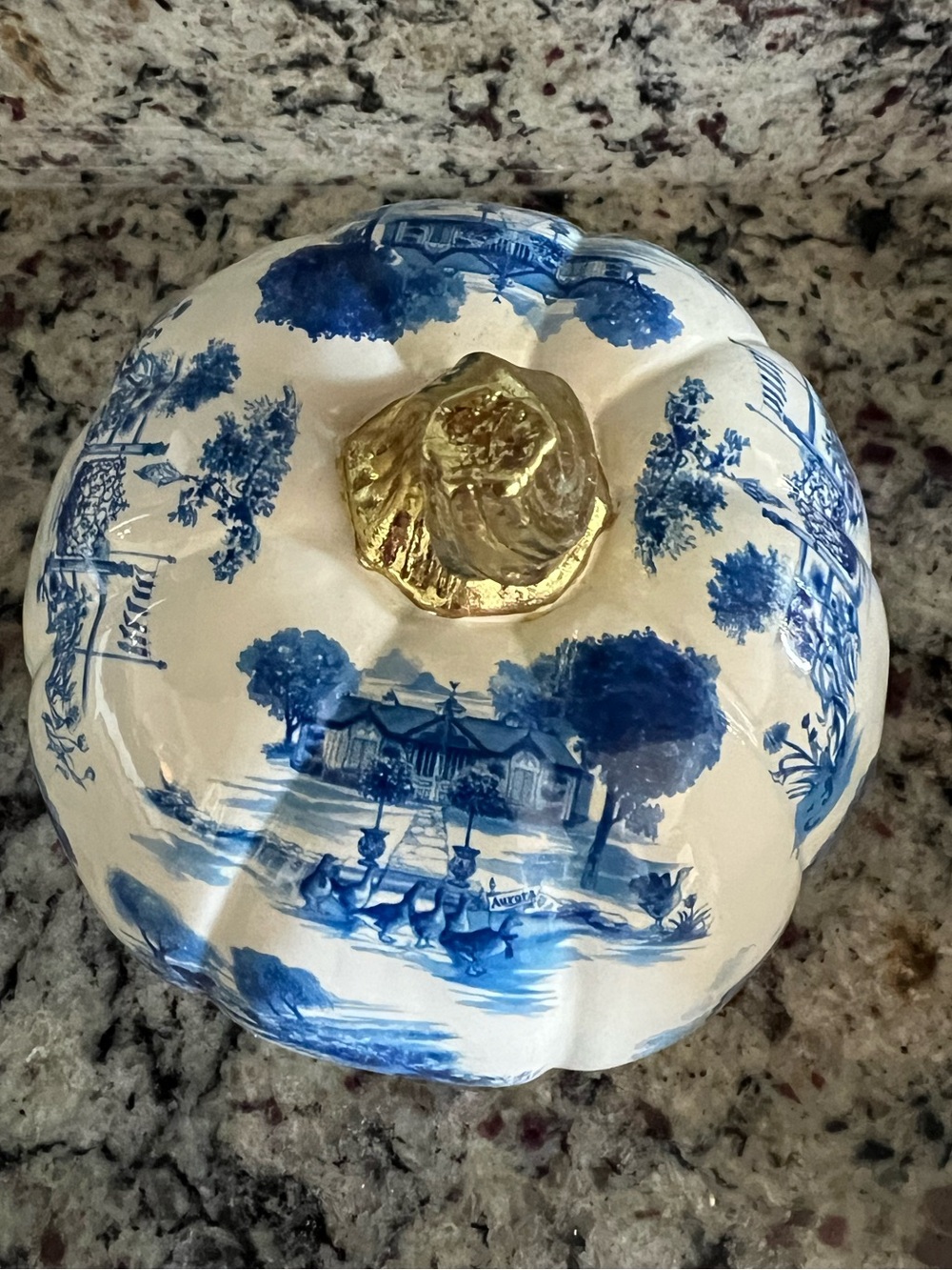 Mackenzie-Childs Royal Toile Small Pumpkin with Gold stem. New in Box! - Picture 6 of 10